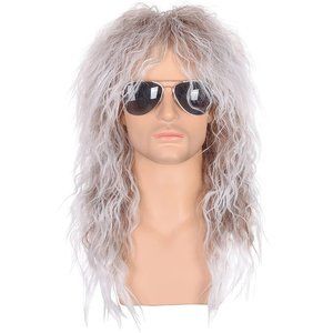 80S ROCKER WIG For Men Long Curly Silver Synthetic Hair Heavy Metal Glam